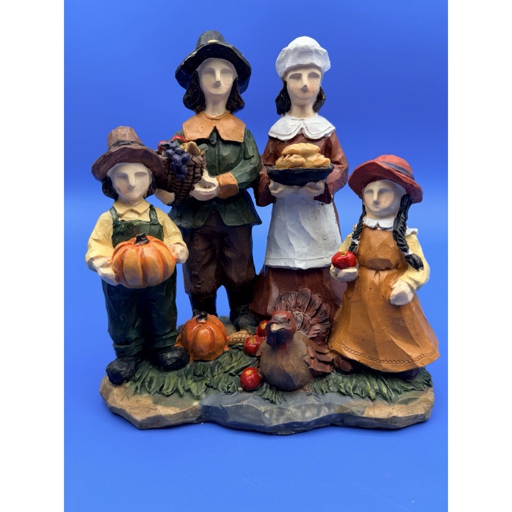 Thanksgiving Pilgrim Family Turkey Harvest Resin Figurine Fall Decor 8"